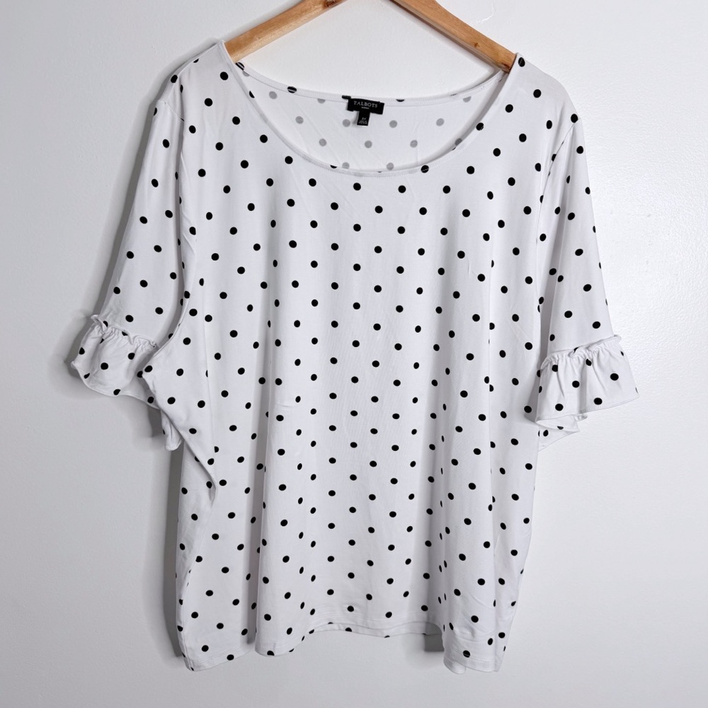 NWOT Talbots White Polka Dot Ruffle Sleeves Top Plus Size 3X Minimalist Stretch - Picture 1 of 5
